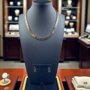 Vintage Two Tone Gold Silver Link Necklace Earrings Set Modern Retro Statement